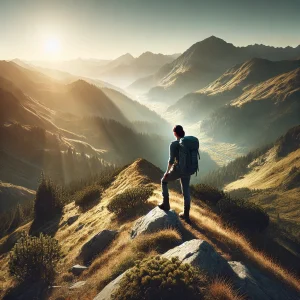DALL·E 2025-03-13 13.33.55 - A realistic photograph of a breathtaking mountain landscape bathed in warm sunlight. A woman in outdoor clothing with a backpack is seen walking throu